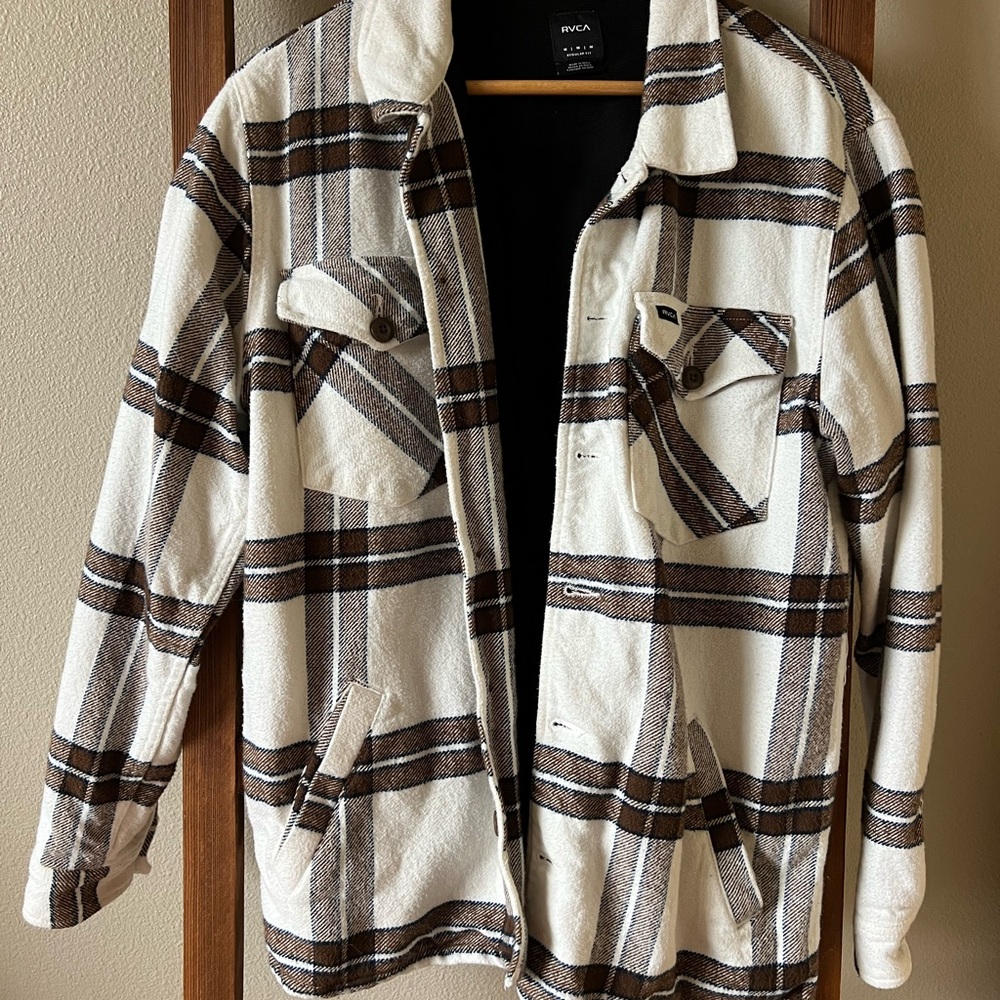 RVCA Men's (or woman) Brown and White Plaid Flight Risk Shacket